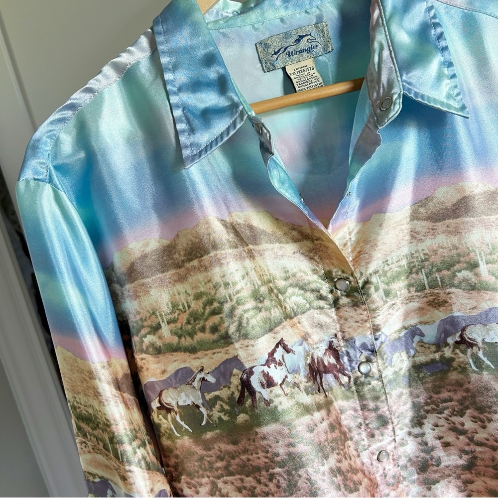 Vintage Wrangler Western Satin Cowgirl Horse Print Rodeo Pearl Snap Shirt XXL